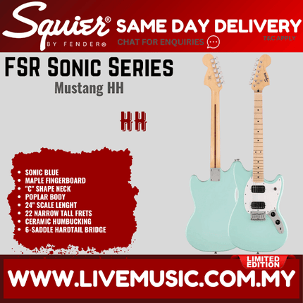 Squier FSR Sonic Mustang HH Electric Guitar w/White Pickguard, Maple FB, Sonic Blue