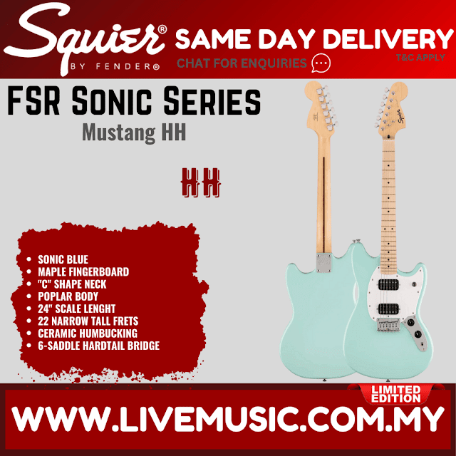 Squier FSR Sonic Mustang HH Electric Guitar w/White Pickguard, Maple FB, Sonic Blue