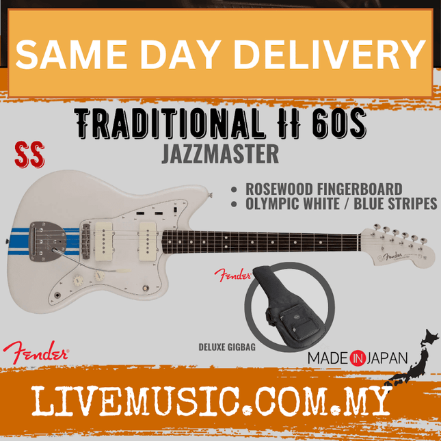Fender Japan Traditional II 60s Jazzmaster Electric Guitar, RW FB, Olympic White / Blue Stripes