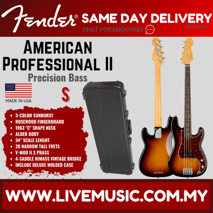 Fender American Professional II Precision Bass Electric Guitar, Rosewood Fretboard - 3-Tone Sunburst