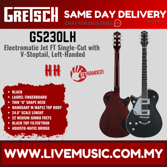Gretsch G5230LH Electromatic Jet FT Single Cut Left-Handed Electric Guitar w/V-Stoptail, Black