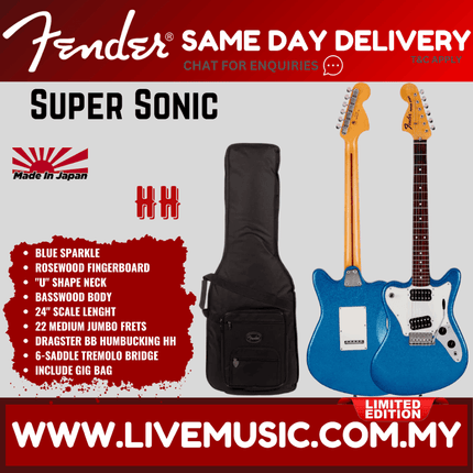 Fender Japan Ltd Ed Super Sonic Electric Guitar, RW FB, Blue Sparkle