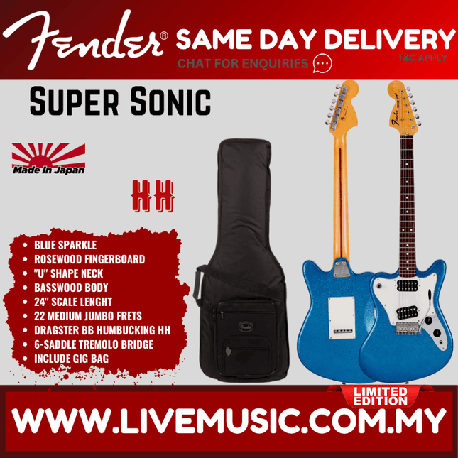 Fender Japan Ltd Ed Super Sonic Electric Guitar, RW FB, Blue Sparkle