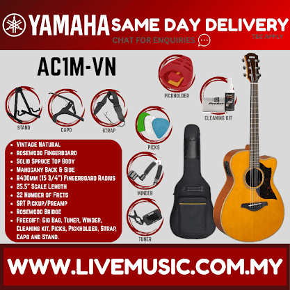 Vintage natural concert cutaway acoustic-electric guitar with accessories, picks, strap, and cleaner kit