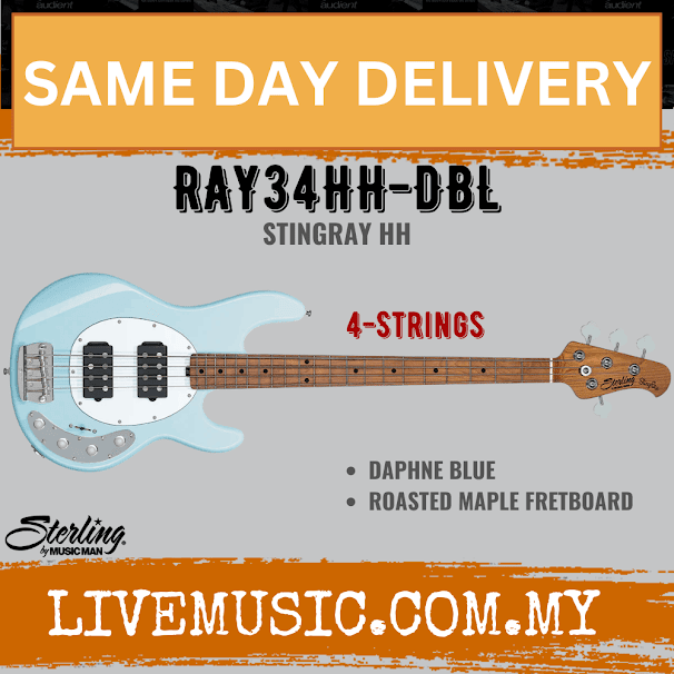 Sterling Ray34HH Stingray 4-String Electric Bass Guitar Roaster Maple Fretboard - Daphne Blue (Ray-34HH)