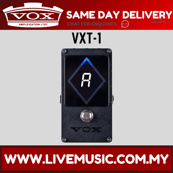 Vox VXT-1 strobe tuner pedal with blue digits on front display and chrome knob