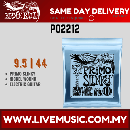 Ernie Ball Primo Slinky nickel wound electric guitar string pack, 9.5–44 gauge