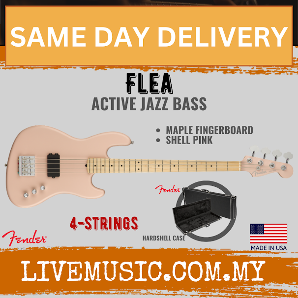Shell pink active Jazz bass guitar with maple fingerboard and 4-saddle bridge