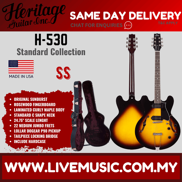 Heritage Standard H-530 Hollow Electric Guitar with Case, Original Sunburst ( H530 / H 530 )