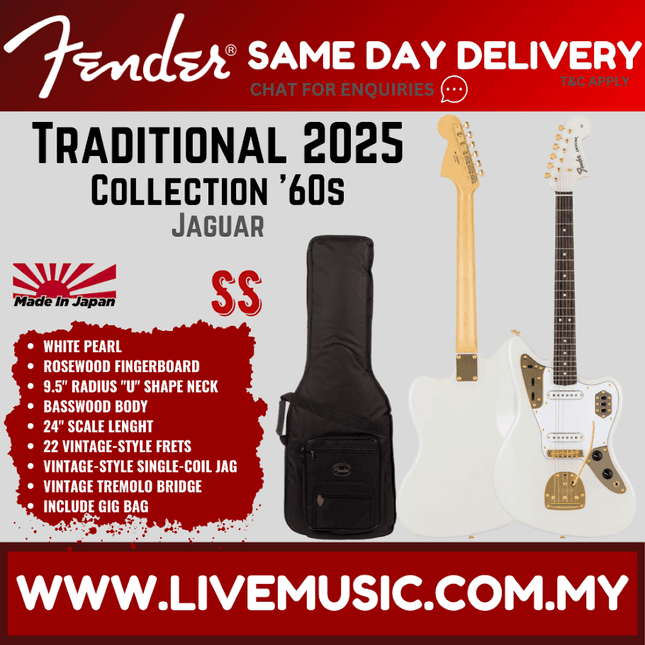 Fender Japan Traditional 2025 Collection 60s Jaguar Electric Guitar, RW FB, White Pearl