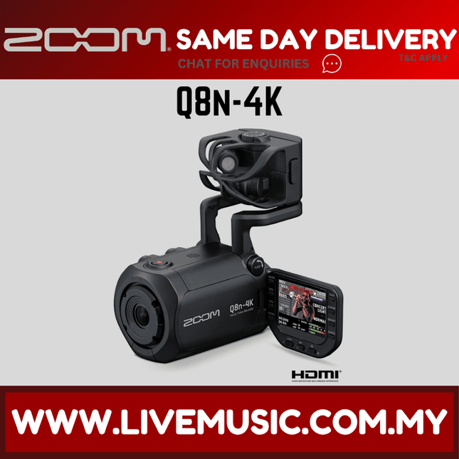 Handy 4K video recorder with flip-out touchscreen and extended microphone arm