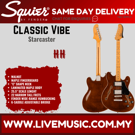 Squier Classic Vibe Starcaster Electric Guitar, Maple Fretboard - Walnut
