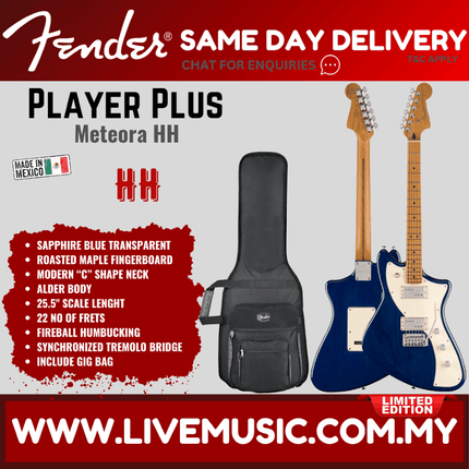 Fender FSR Player Plus Meteora Electric Guitar, Roasted Maple FB, Sapphire Blue Transparent