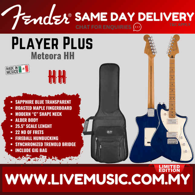 Fender FSR Player Plus Meteora Electric Guitar, Roasted Maple FB, Sapphire Blue Transparent