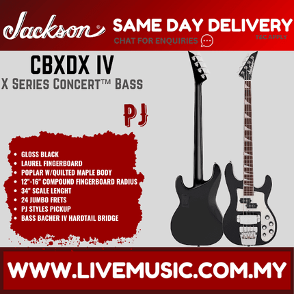 Jackson X Series Concert Bass CBXNT DX IV Electric Bass Guitar, Laurel FB, Gloss Black