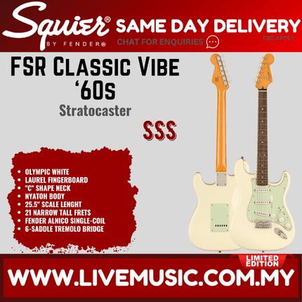 Squier FSR Classic Vibe 60s Stratocaster Electric Guitar, Indian Laurel FB, Olympic White