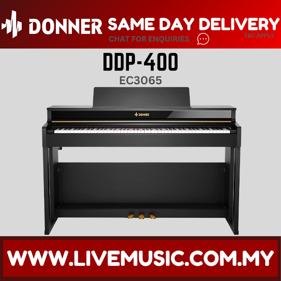 Black Donner DDP-400 upright digital piano, 88-key keyboard and front panel