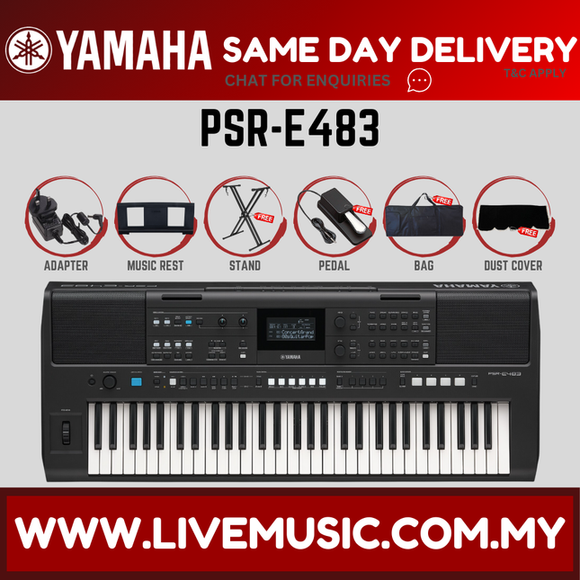 Yamaha PSR-E483 61-key Portable Keyboard With Adapter ( PSR E483 PSRE483 ) Replace PSR-E473 PSRE473