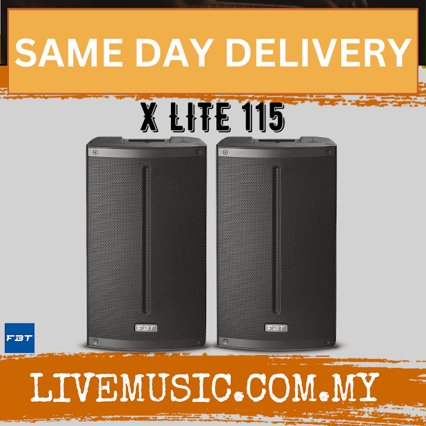 Pair of black passive PA speaker cabinets with front grilles and vertical ports