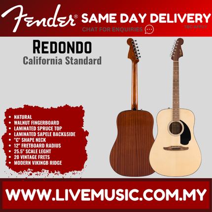 Fender California Standard Redondo Acoustic Guitar w/Ivory Pickguard And w/Black Pickguard