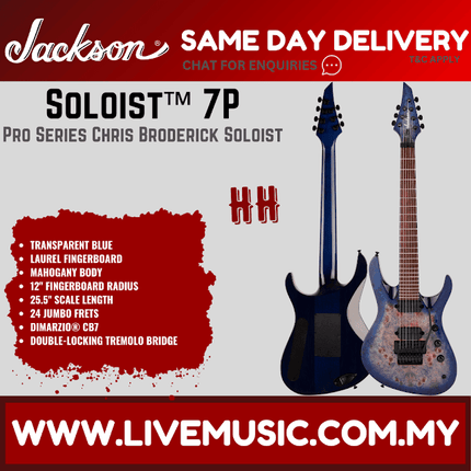 Jackson Pro Series Signature Chris Broderick Soloist 7P Electric Guitar, Laurel FB, Transparent Blue