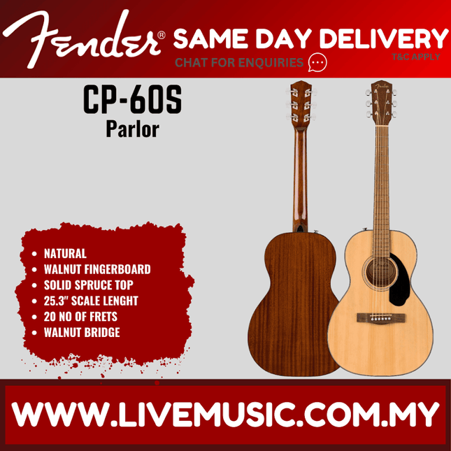 Parlor acoustic guitar in natural wood finish, wood top, Fender headstock.