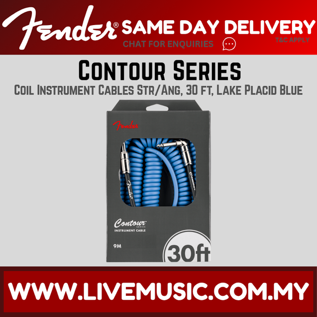 30ft coil instrument cable in Lake Placid Blue with metallic ends, Contour Series