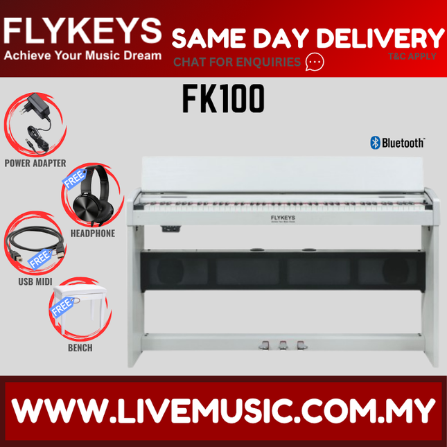 Flykeys FK-100 88-Key Digital Piano with Bench, Headphones and Accessories - White / Black ( FK100 / FK 100 )