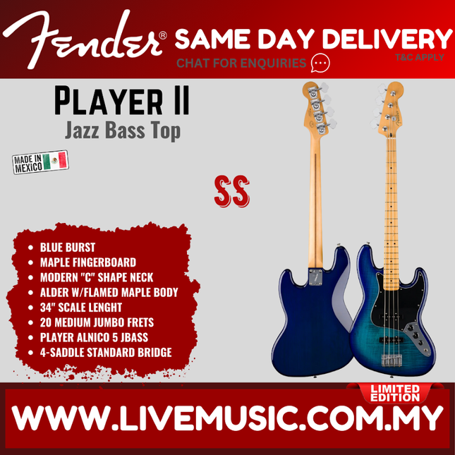 Fender Player II Jazz Bass top in blue burst with maple fingerboard and dual humbuckers