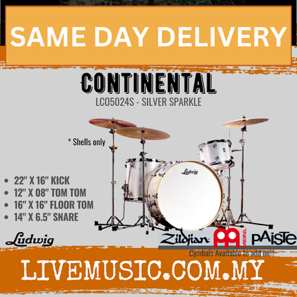 Ludwig LCO5024S Continental 4-Piece Drum Kit(22B+16F+12T+14S), Silver Sparkle