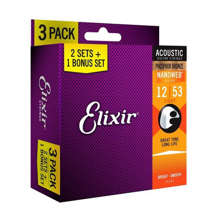 Elixir 16545 Nanoweb Phosphor Bronze Light Acoustic Guitar Strings - 3 Pack (12-53)