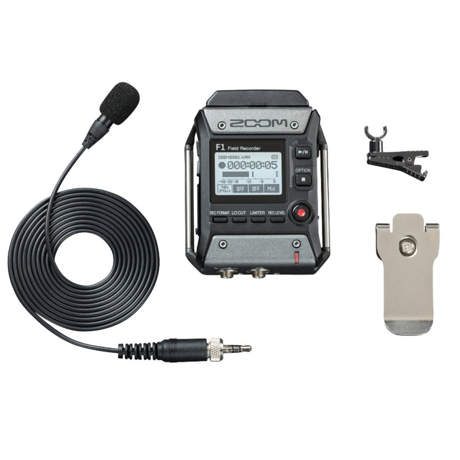 Field recorder kit with lavalier mic, cable, and clip mount
