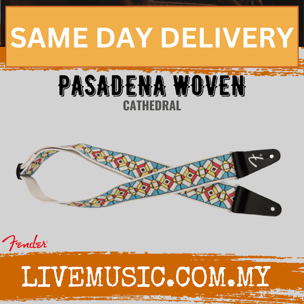 Fender Pasadena woven guitar strap with multicolor cathedral pattern and black leather ends