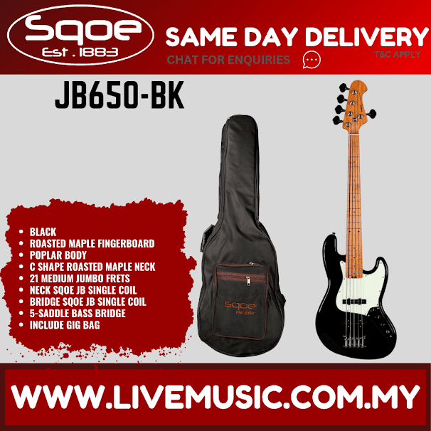 Sqoe JB650-BK 5-String Electric Bass Guitar With Gig Bag Roasted Maple FB, Black ( JB650BK / JB650 BK )