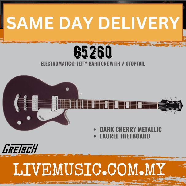 Gretsch G5260 Electromatic Jet Baritone w/ V-Stoptail Electric Guitar, Laurel FB, Dark Cherry Metallic