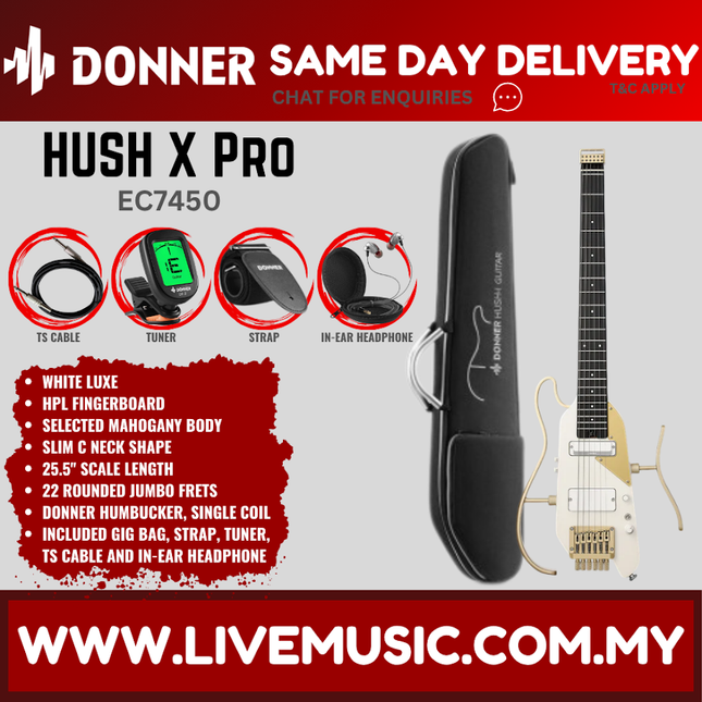 Donner EC7450 Hush-x Pro Electric Guitar, White Luxe ( HUSH X / HUSHX )
