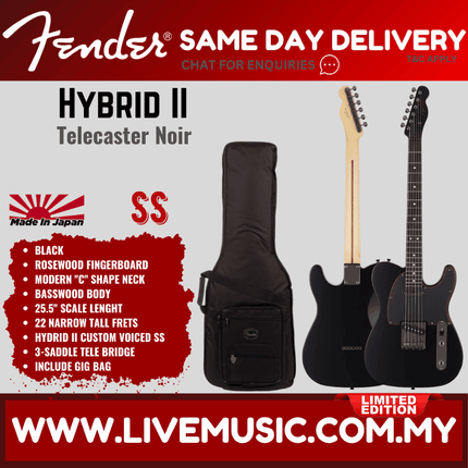 Fender Japan Ltd Ed Hybrid II Telecaster Electric Guitar, Noir, RW FB, Black