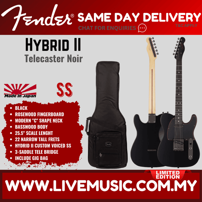 Fender Japan Ltd Ed Hybrid II Telecaster Electric Guitar, Noir, RW FB, Black