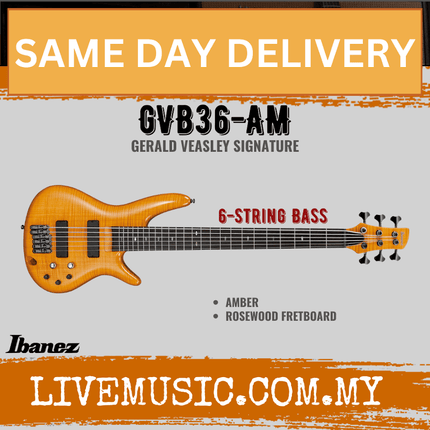 Amber 6-string bass guitar with rosewood fretboard and black pickups
