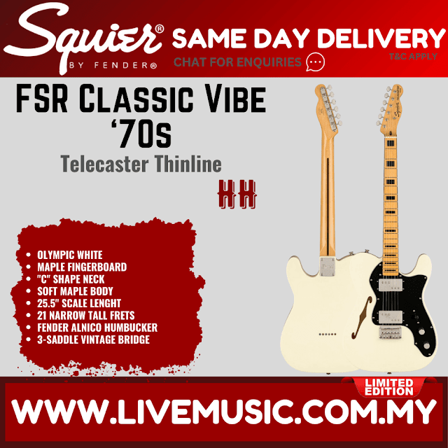 Squier FSR Classic Vibe 70s Telecaster Thinline Electric Guitar, Olympic White