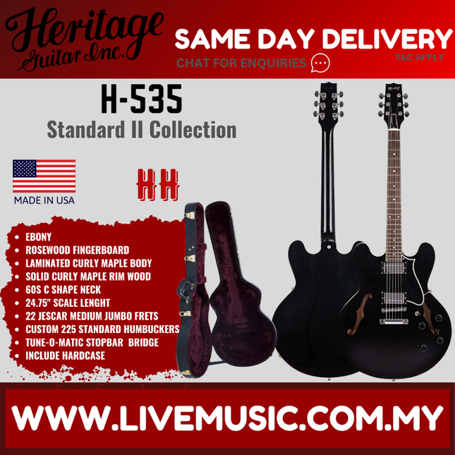 Heritage Standard II Collection H-535 Electric Guitar with Case, Ebony ( H535 / H 535 )