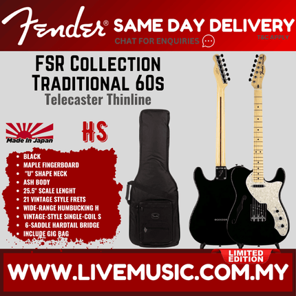 Fender FSR Collection Traditional 60s Telecaster Thinline Electric Guitar, Maple FB, Black