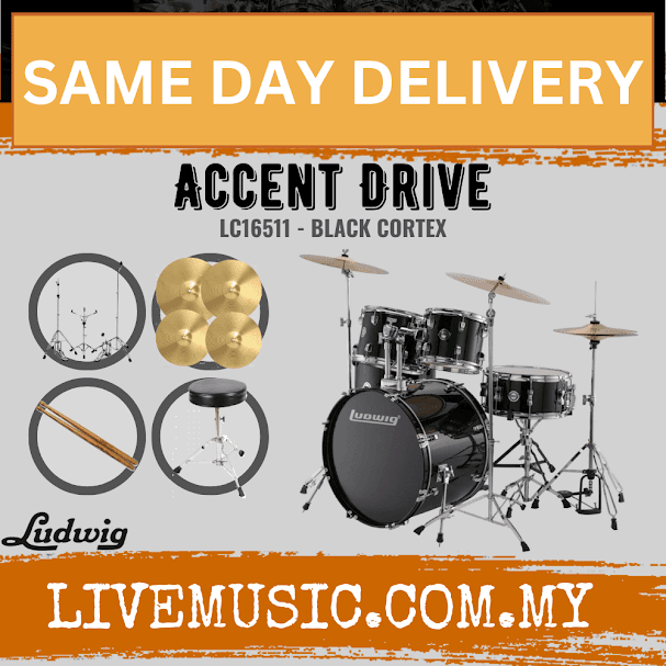 5-piece Ludwig Accent Drive drum set, black cortex finish, with hardware, throne, cymbals