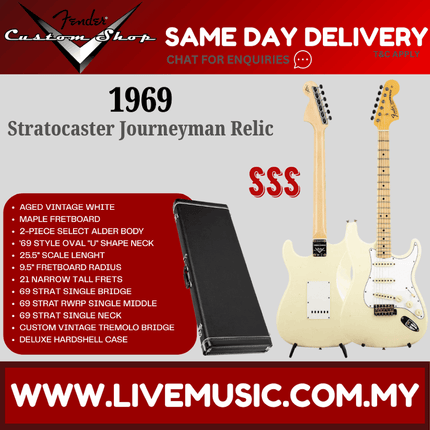 Fender Custom Shop 1969 Stratocaster Journeyman Relic Electric Guitar, Maple FB, Aged Vintage White
