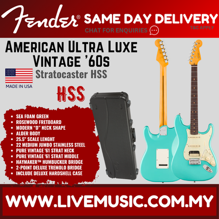 Fender American Ultra Luxe Vintage 60s Stratocaster HSS Electric Guitar, RW FB, Sea Foam Green