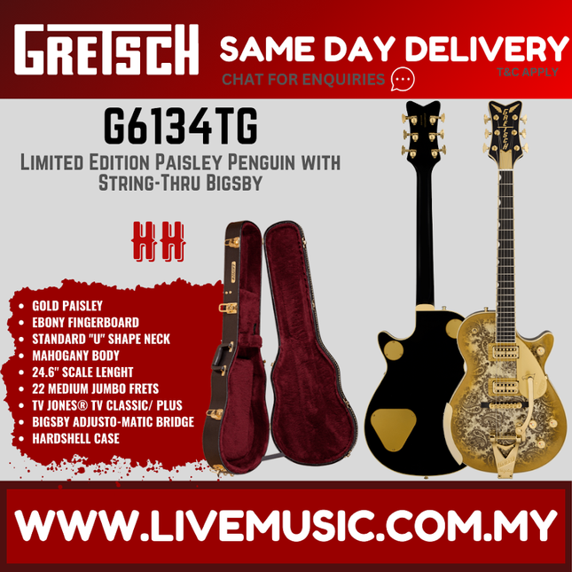 Gretsch G6134TG Limited Edition Paisley Penguin Guitar w/String-Thru Bigsby, Ebony FB, Gold Paisley