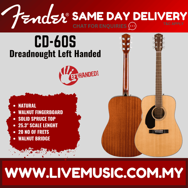 Fender CD-60S Dreadnought Left-Handed Acoustic Guitar - Natural (CD60S/CD 60S)
