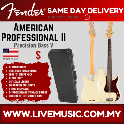 Fender American Professional II Precision Bass V Electric Guitar, Rosewood Fretboard - Olympic White
