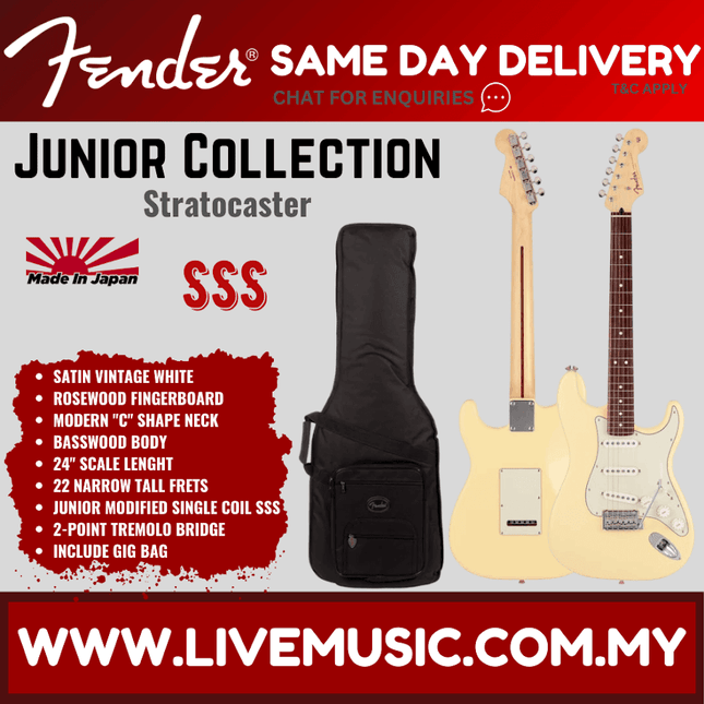 Fender Japan Junior Collection Stratocaster Electric Guitar, RW FB, Satin Vintage White