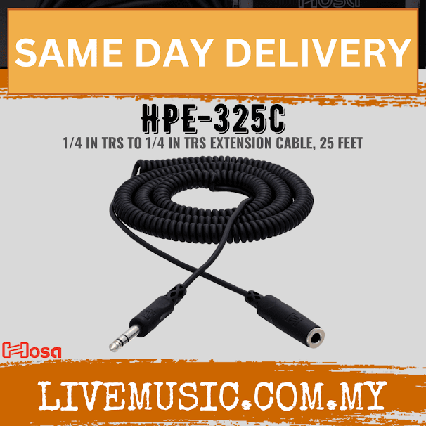 Hosa HPE-325C Extention Cable, 1/4inch TRS to Same, Coiled, 25ft (HPE325C/HPE 325C)